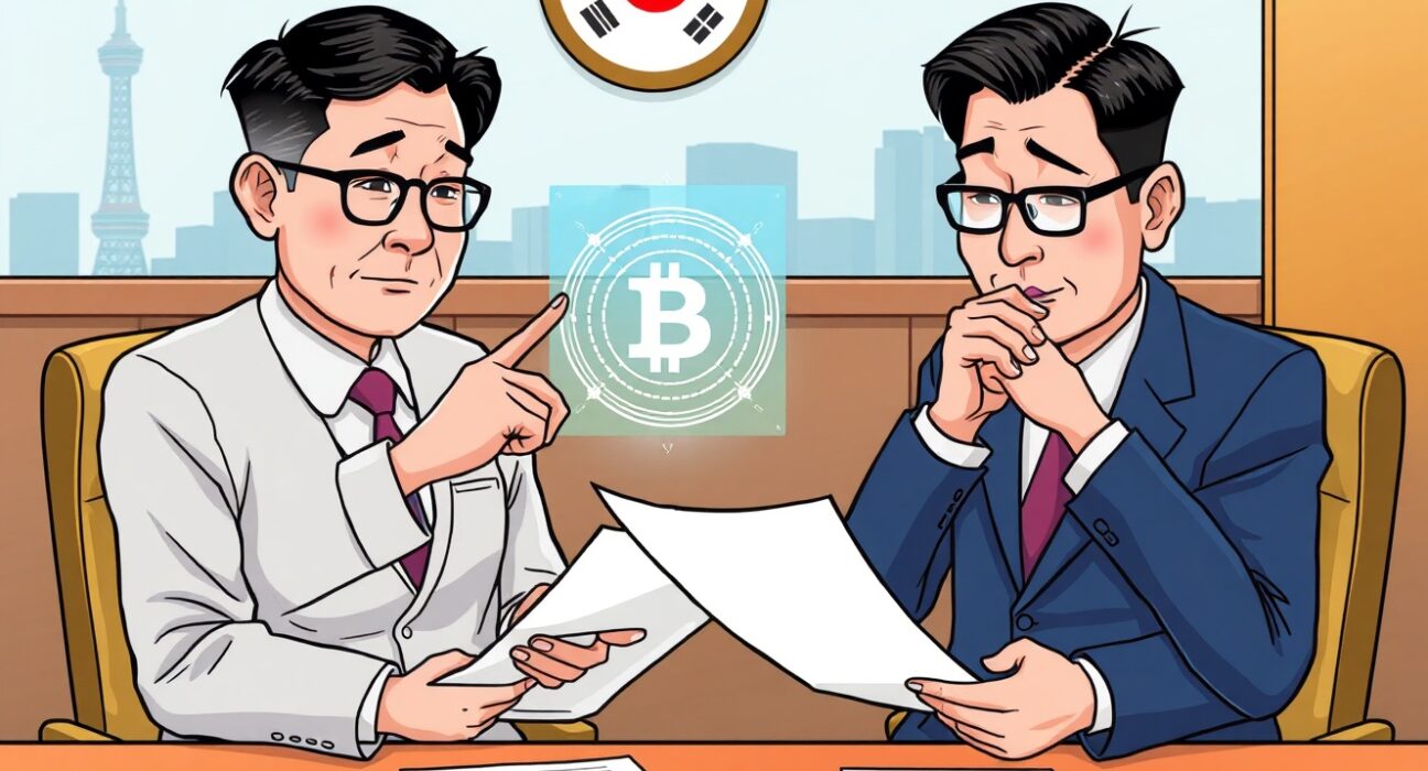 Cartoon illustration of South Korean officials discussing crucial South Korea stablecoin legislation, symbolizing future financial policy.