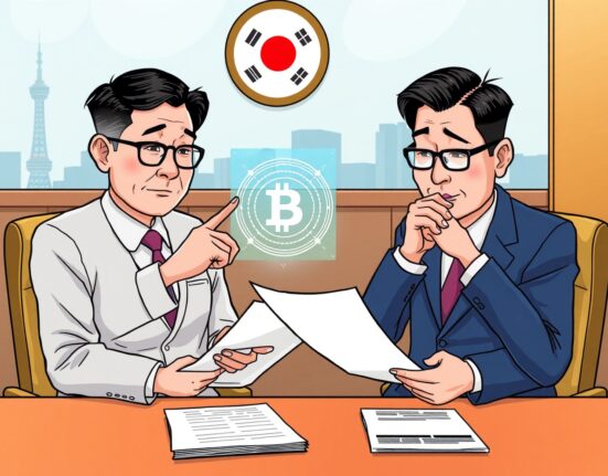 Cartoon illustration of South Korean officials discussing crucial South Korea stablecoin legislation, symbolizing future financial policy.