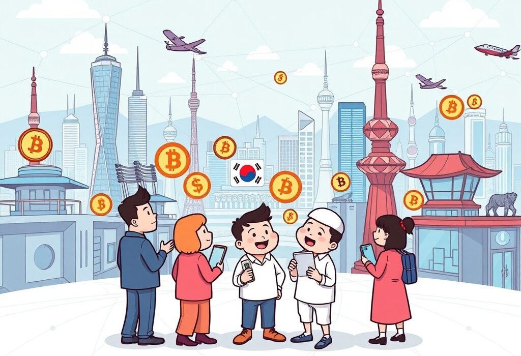 A cartoon illustration depicting the exciting race for South Korea stablecoin development in the digital payment landscape.