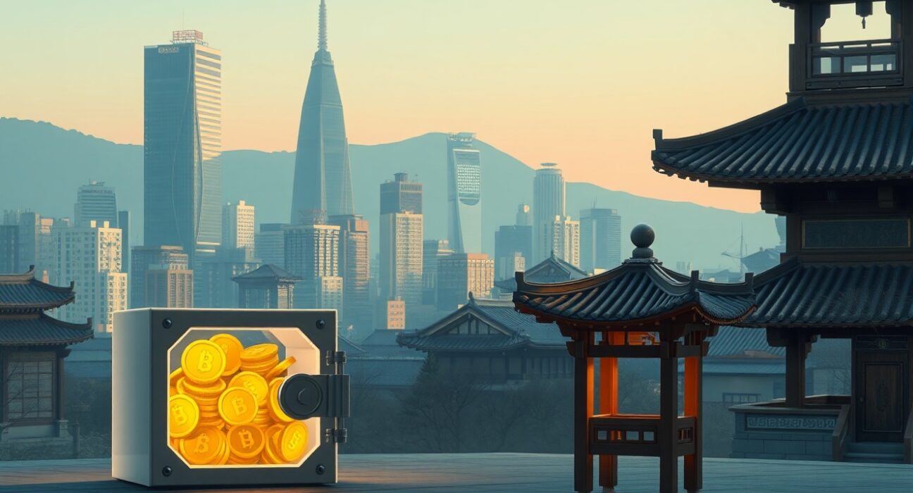 South Korea stablecoin regulation symbolized by digital assets and traditional guardians in Seoul.