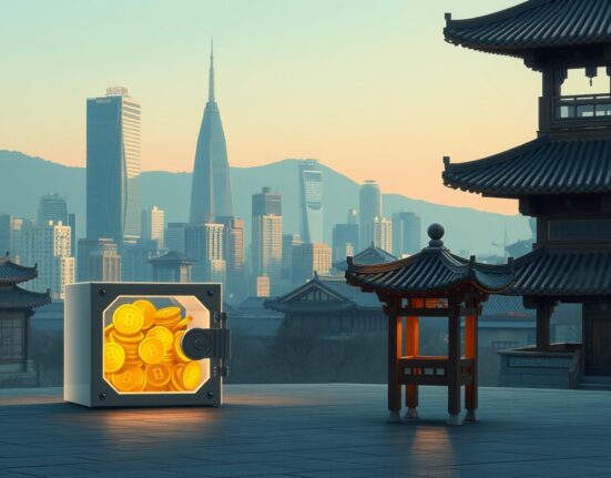 South Korea stablecoin regulation symbolized by digital assets and traditional guardians in Seoul.