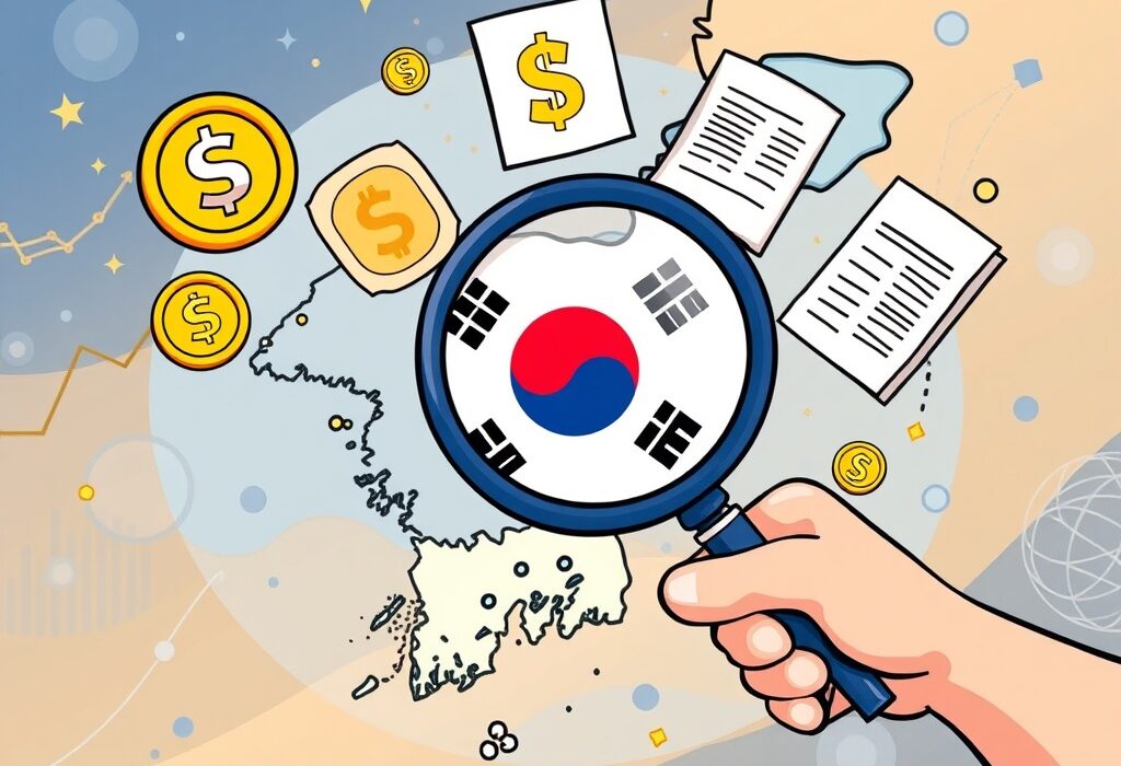 A cartoon illustration depicting South Korea's Financial Services Commission studying global stablecoin regulation for future virtual asset legislation.