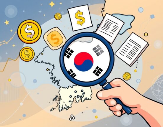 A cartoon illustration depicting South Korea's Financial Services Commission studying global stablecoin regulation for future virtual asset legislation.