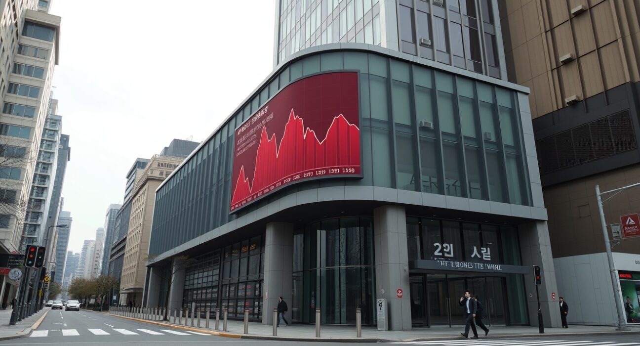 Exterior of a quiet South Korean crypto exchange building with a red downward-trending chart on a digital billboard.