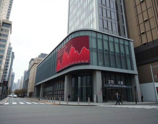 Exterior of a quiet South Korean crypto exchange building with a red downward-trending chart on a digital billboard.