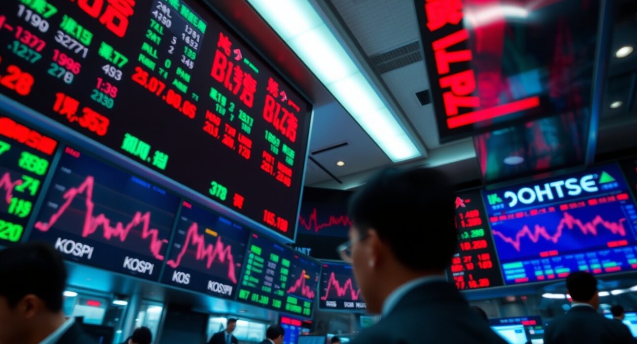 South Korean stock exchange trading floor with volatile KOSPI index on display boards.