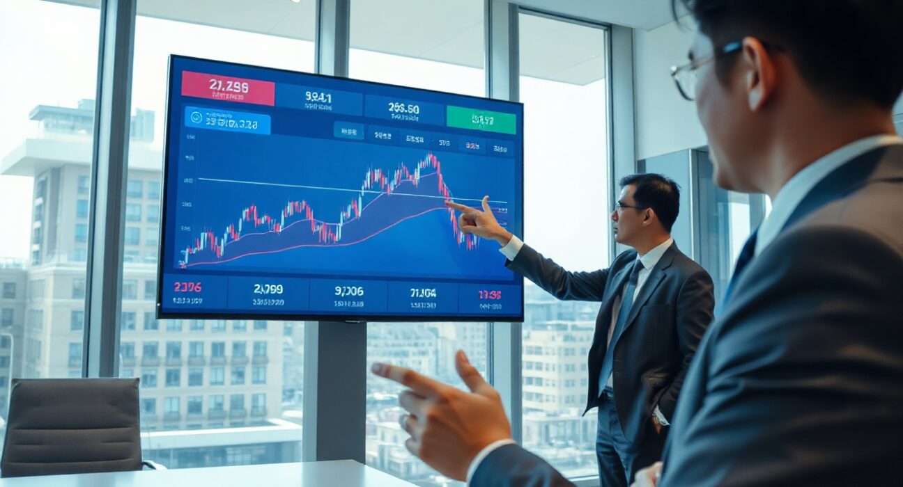 South Korean tax official analyzing cryptocurrency transaction data on a large screen in a modern office.