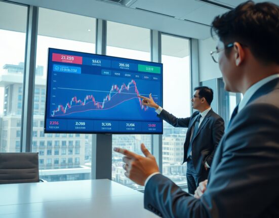 South Korean tax official analyzing cryptocurrency transaction data on a large screen in a modern office.