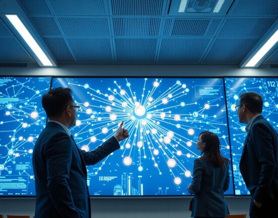 South Korean tax officials monitoring a large screen displaying cryptocurrency transaction data in a modern government office.