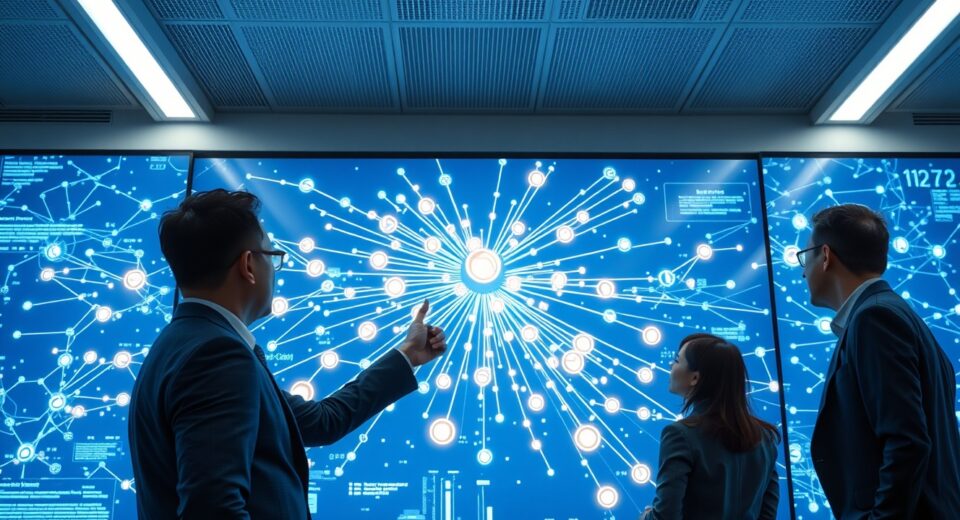 South Korean tax officials monitoring a large screen displaying cryptocurrency transaction data in a modern government office.