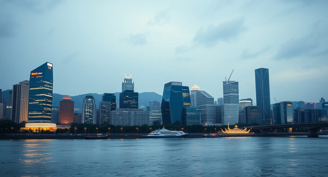 Seoul skyline at dusk with financial district buildings reflected in the Han River