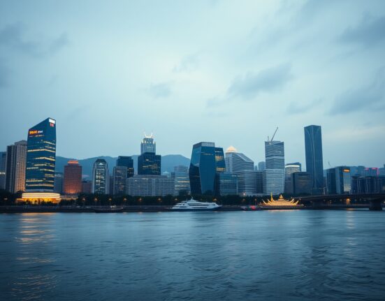 Seoul skyline at dusk with financial district buildings reflected in the Han River