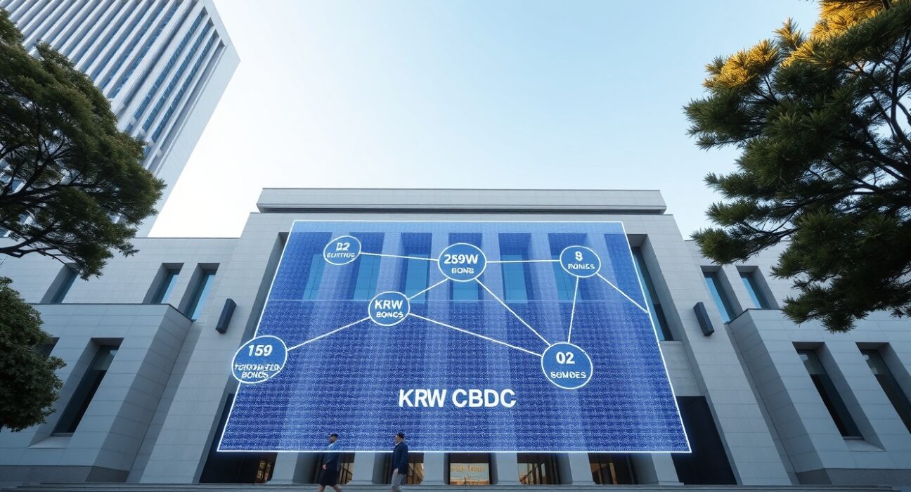 South Korean government building with a digital display showing a blockchain network for CBDC and tokenized bonds.