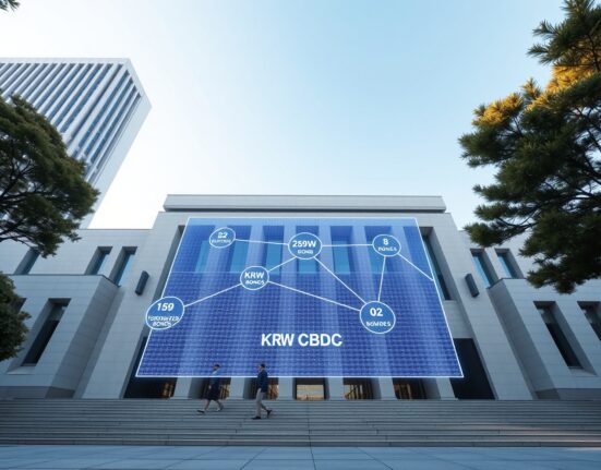 South Korean government building with a digital display showing a blockchain network for CBDC and tokenized bonds.