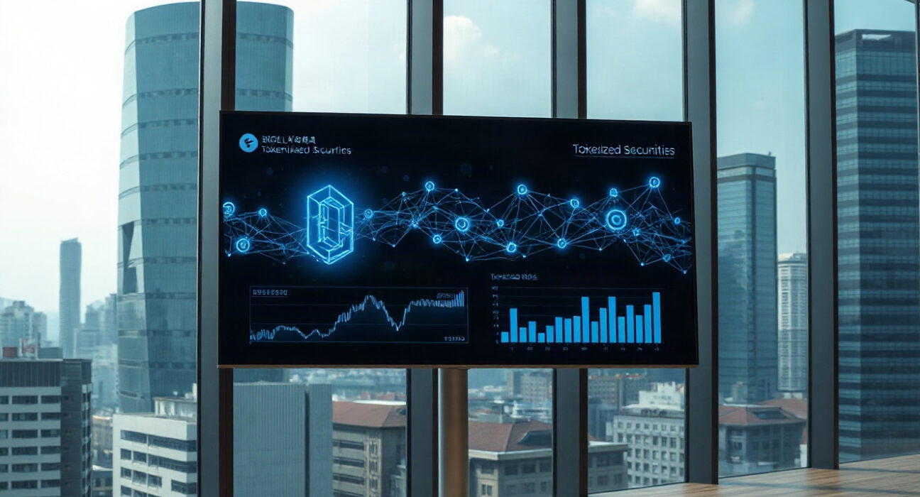 Seoul financial district skyline with digital blockchain display in foreground