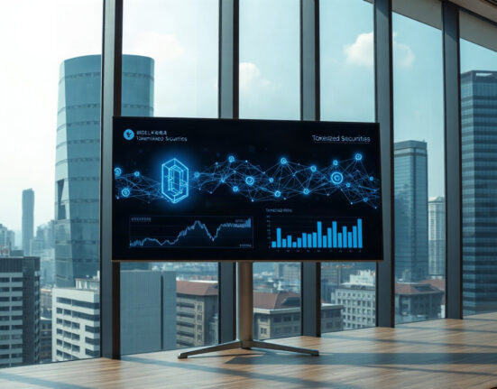 Seoul financial district skyline with digital blockchain display in foreground