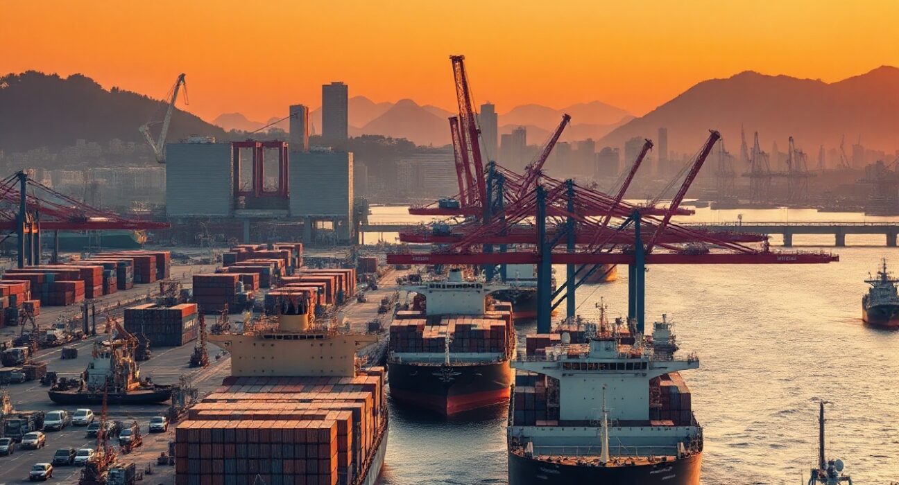 Container ships at the Port of Busan, South Korea, representing trade activity
