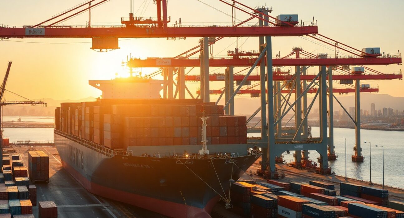 Busy container port in Busan, South Korea, with cargo ships and cranes at sunrise.
