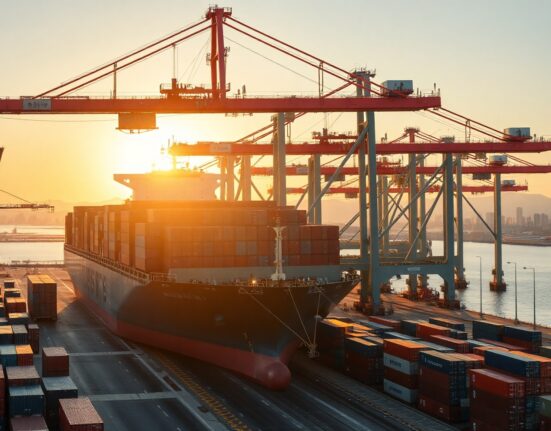 Busy container port in Busan, South Korea, with cargo ships and cranes at sunrise.
