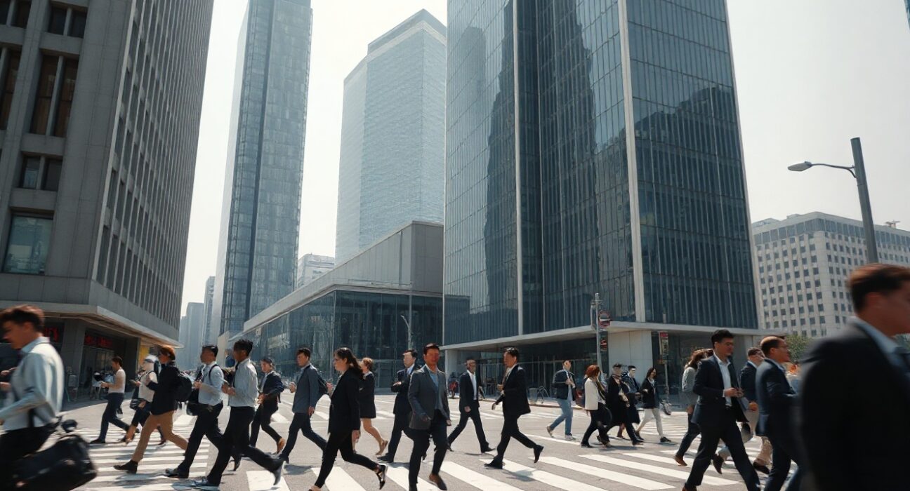 Pedestrians crossing a street in Seoul, South Korea, with modern buildings in the background, illustrating urban economic activity.