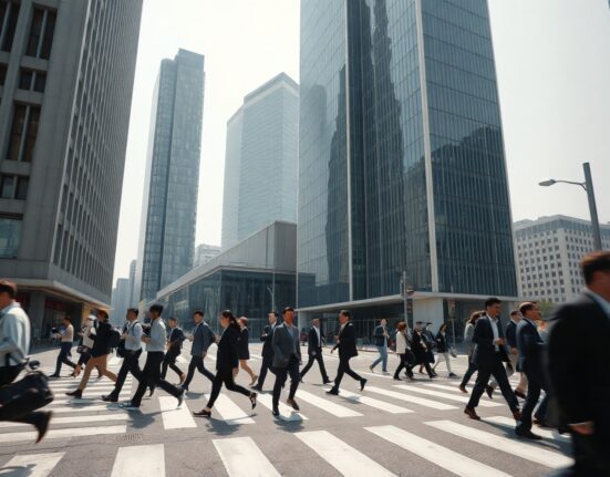 Pedestrians crossing a street in Seoul, South Korea, with modern buildings in the background, illustrating urban economic activity.