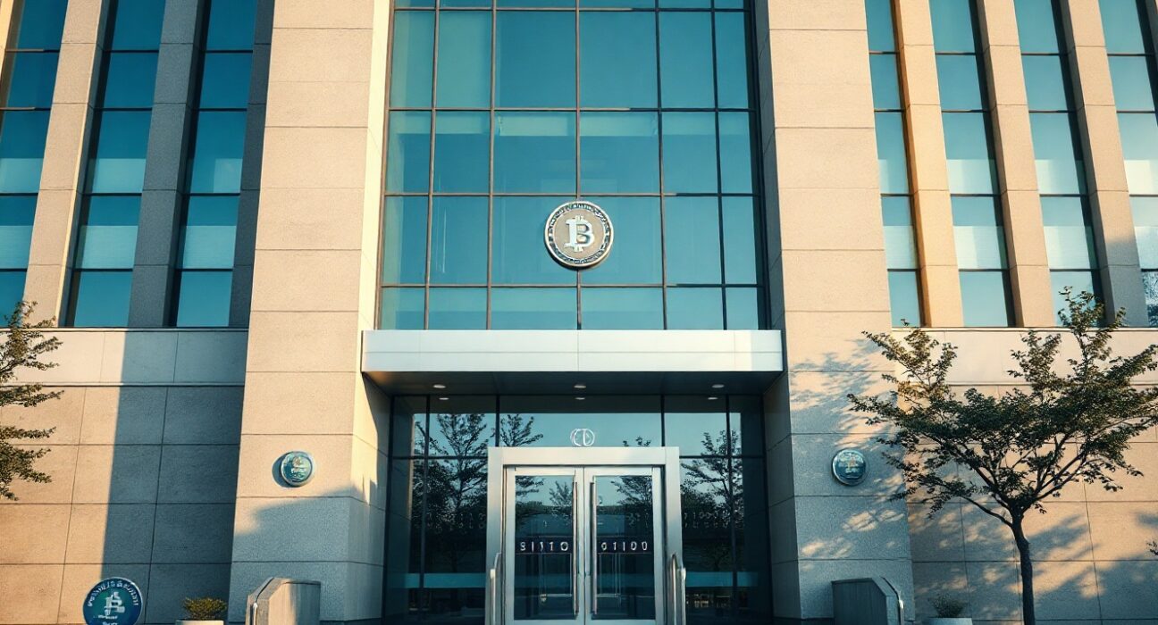 South Korean government building facade with digital crypto symbols overlay representing regulatory action against unregistered virtual asset firms