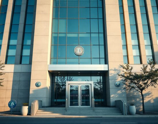 South Korean government building facade with digital crypto symbols overlay representing regulatory action against unregistered virtual asset firms