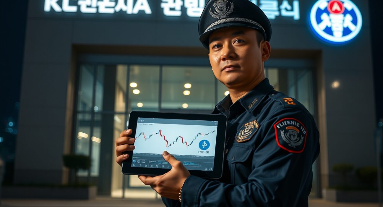 South Korean police officer investigating a USDT money laundering case at night