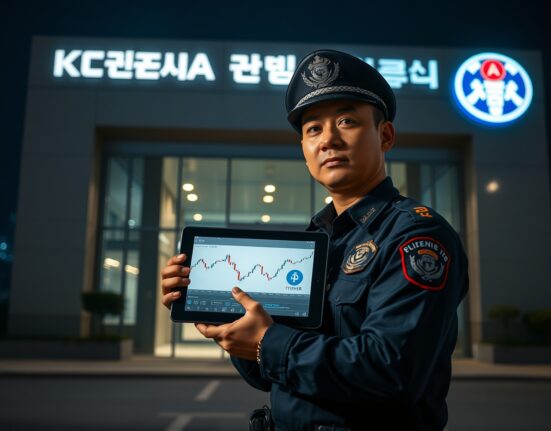 South Korean police officer investigating a USDT money laundering case at night