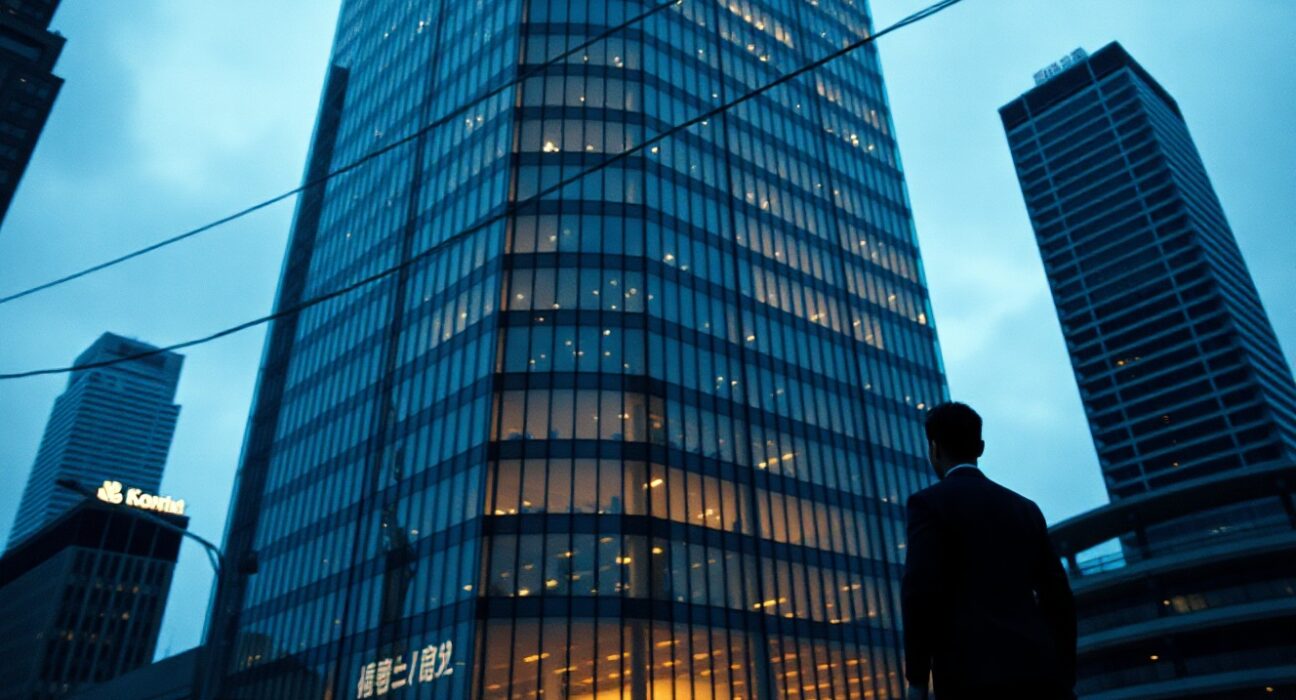 Exterior of a modern office building in a South Korean financial district at dusk, representing the financial strain on virtual asset service providers.