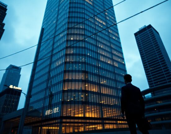 Exterior of a modern office building in a South Korean financial district at dusk, representing the financial strain on virtual asset service providers.