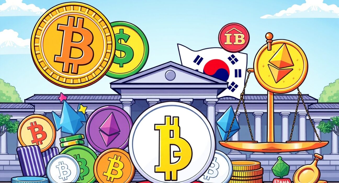 South Korean virtual asset market regulation with cryptocurrency symbols and government collaboration
