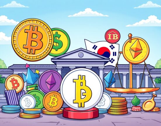 South Korean virtual asset market regulation with cryptocurrency symbols and government collaboration