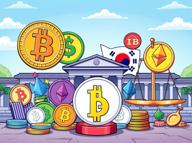 South Korean virtual asset market regulation with cryptocurrency symbols and government collaboration