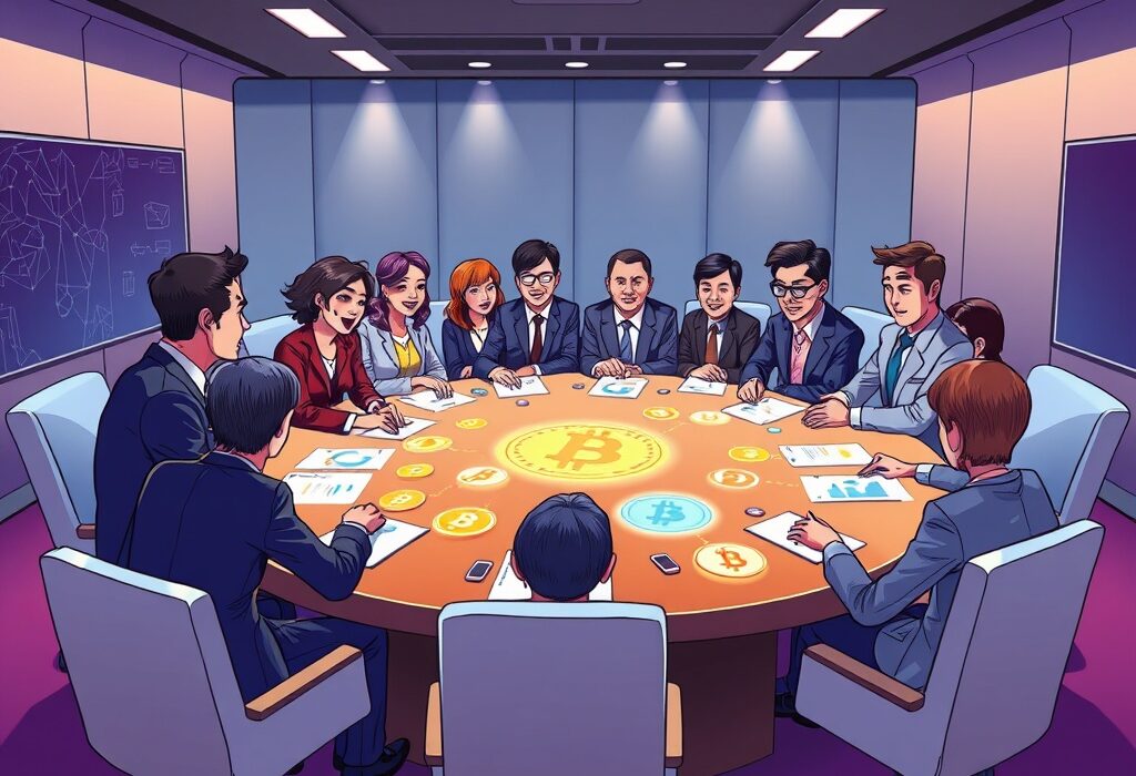 A cartoon illustration showing a South Korea virtual asset task force discussing crypto regulations around a table, symbolizing policy development.