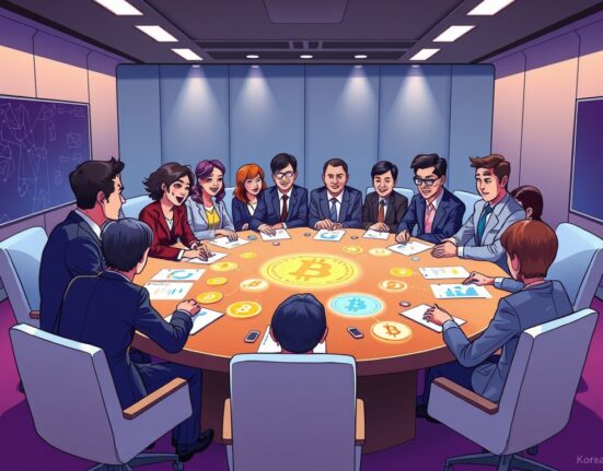 A cartoon illustration showing a South Korea virtual asset task force discussing crypto regulations around a table, symbolizing policy development.