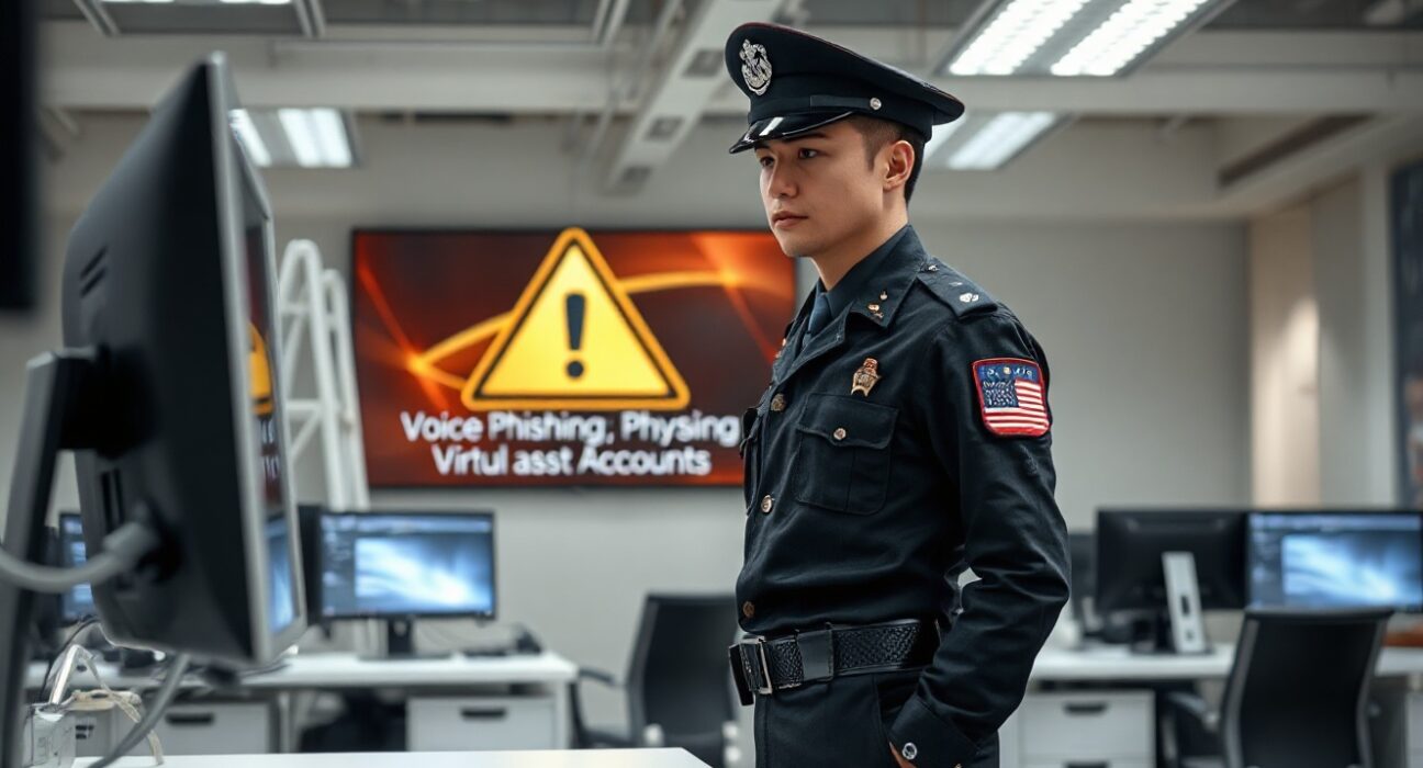 South Korean police officer monitoring a computer screen with a voice phishing warning graphic in a cybercrime investigation office.