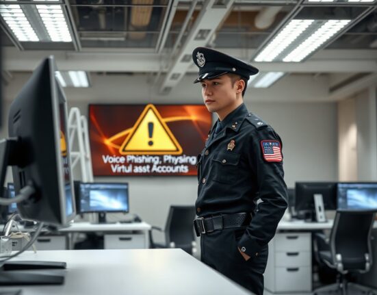 South Korean police officer monitoring a computer screen with a voice phishing warning graphic in a cybercrime investigation office.