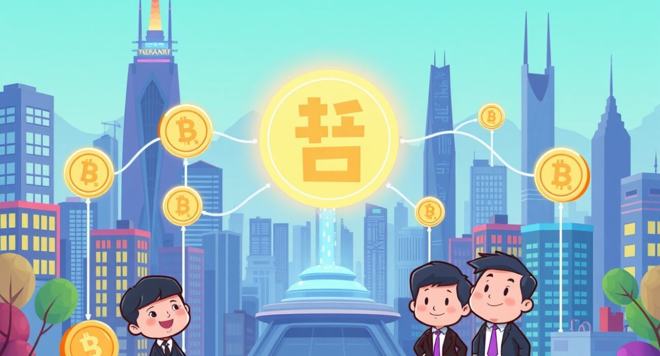 A vibrant cartoon illustrating South Korea's push for a won-pegged stablecoin, symbolizing financial innovation.