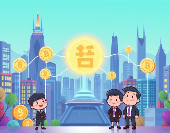 A vibrant cartoon illustrating South Korea's push for a won-pegged stablecoin, symbolizing financial innovation.