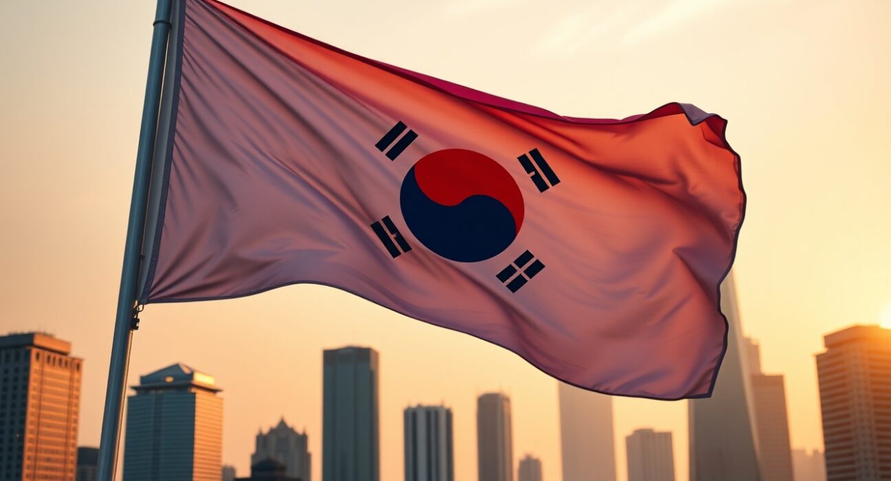 South Korean flag against Seoul skyline at sunset, representing financial market pressures.