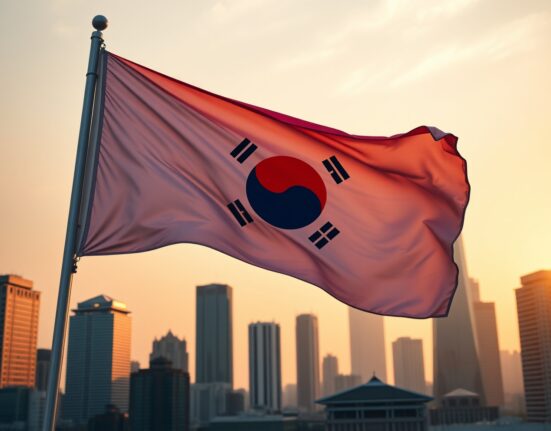 South Korean flag against Seoul skyline at sunset, representing financial market pressures.