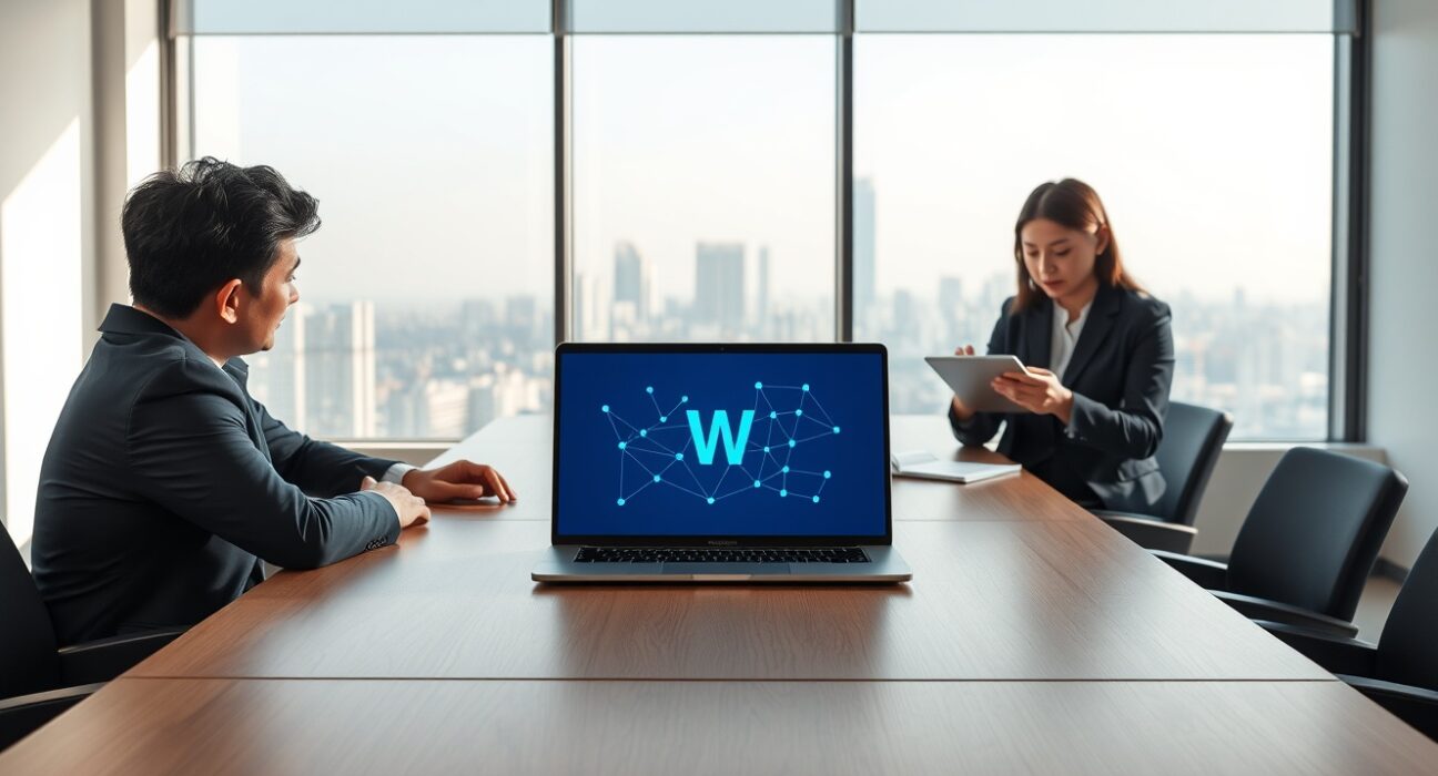 South Korean business professionals reviewing a won stablecoin proof-of-concept in a modern Seoul office.