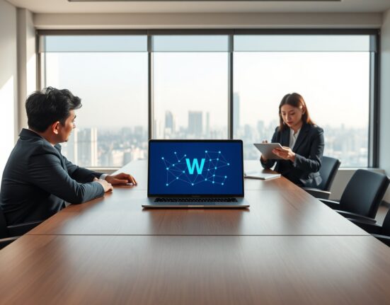 South Korean business professionals reviewing a won stablecoin proof-of-concept in a modern Seoul office.