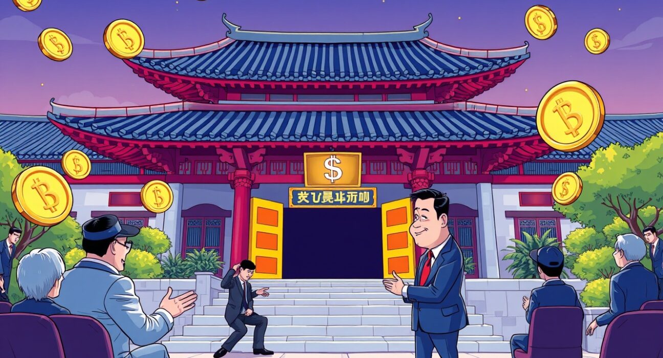Political clash over South Korea's won stablecoin regulation depicted in vibrant cartoon style.