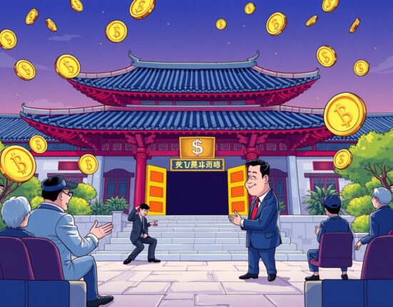 Political clash over South Korea's won stablecoin regulation depicted in vibrant cartoon style.