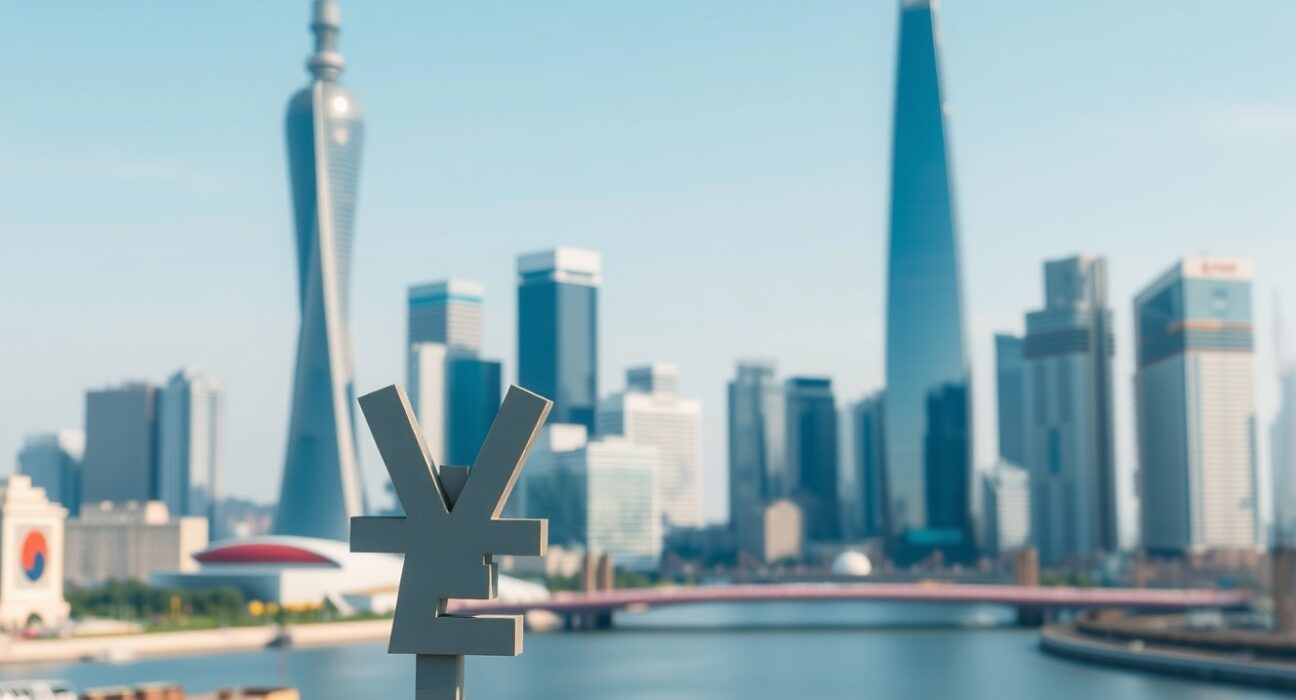 South Korean Won currency symbol against Seoul skyline representing trade shock risks analysis