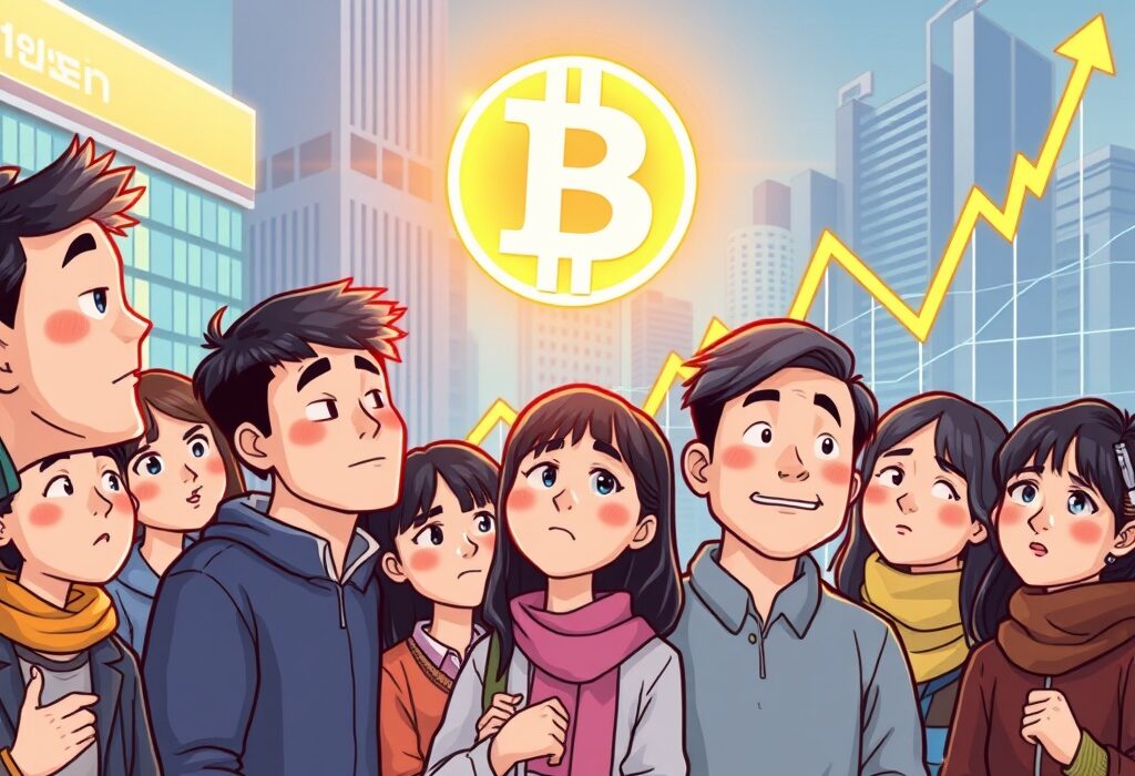 Cartoon illustration showing various South Korean Bitcoin investors reacting to market trends, reflecting the current South Korean Bitcoin sentiment.