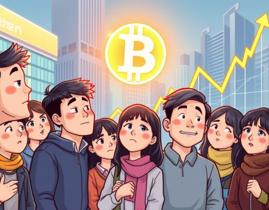 Cartoon illustration showing various South Korean Bitcoin investors reacting to market trends, reflecting the current South Korean Bitcoin sentiment.
