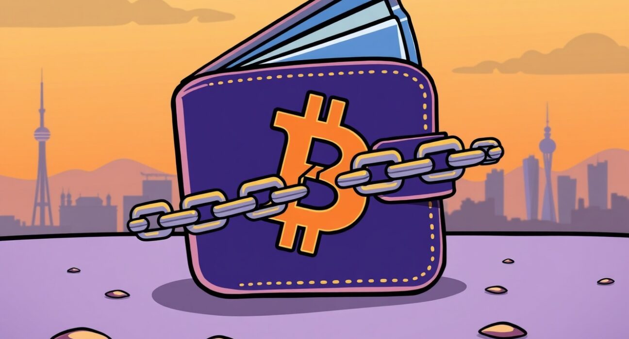 A cartoon illustration depicting a broken blockchain chain with South Korean symbols, representing the halted South Korean blockchain project.